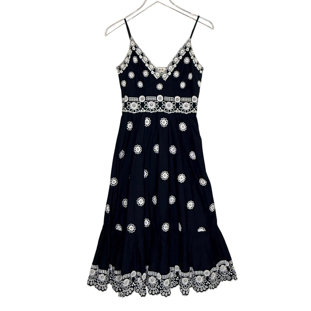 Sea New York Elysse Embroidered Midi Dress 0 Black White Eyelet Feminine